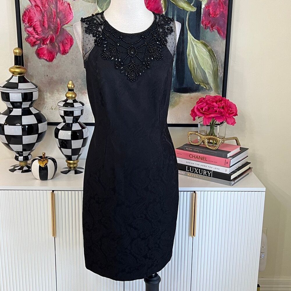 Carmen Marc Valvo Women's Beaded Sheer Trim Jacquard Sheath Dress Black Sz 4 NWT